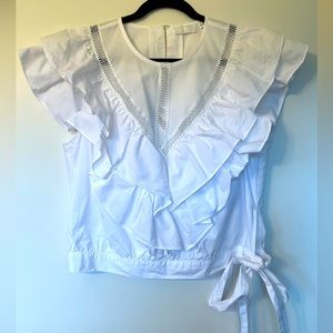 Gorgeous Seven for All Mankind ruffled crop shirt with a tie.